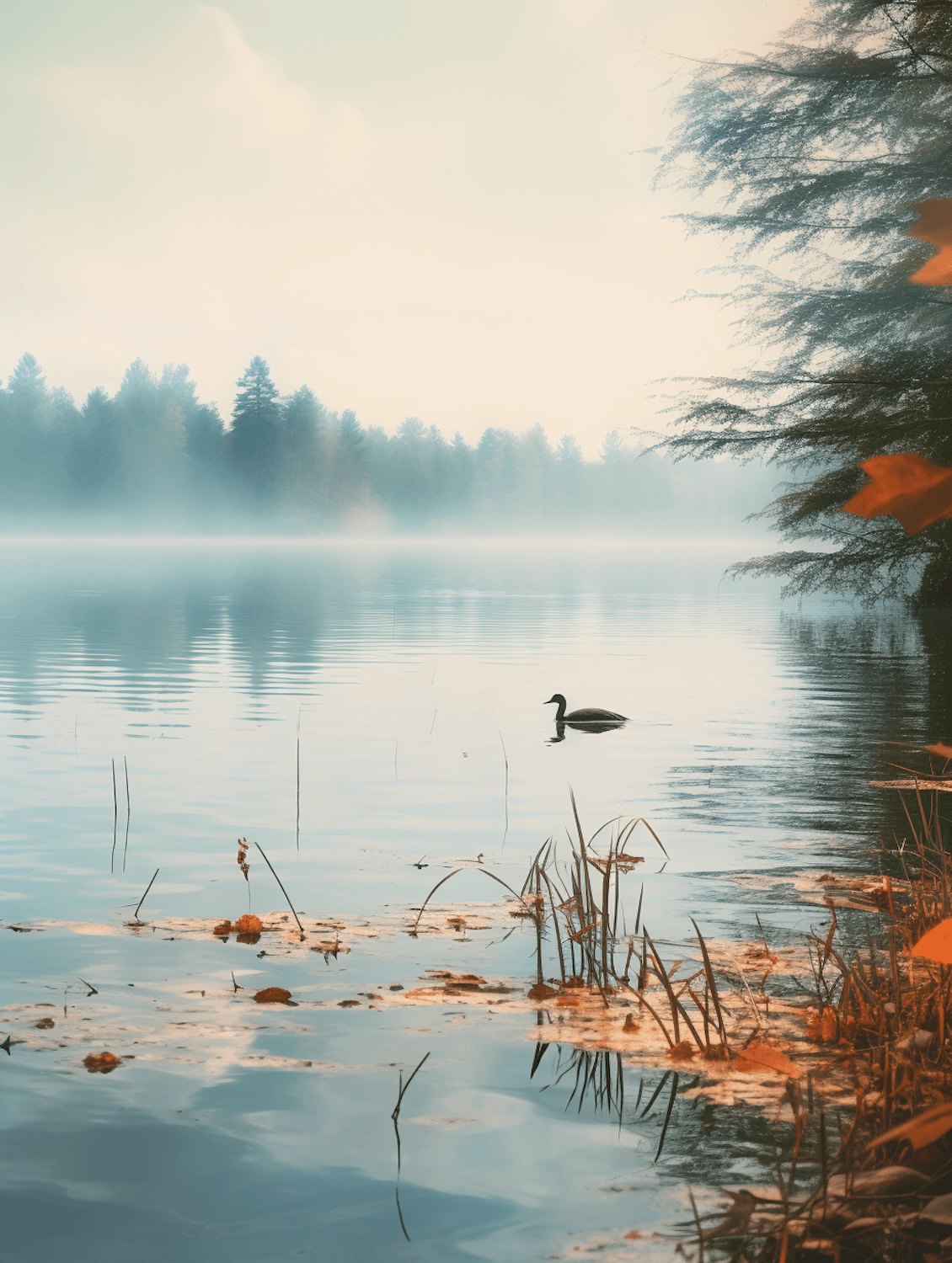 A lone duck gliding across a misty lake at dawn, with pine trees and autumn leaves along the shore